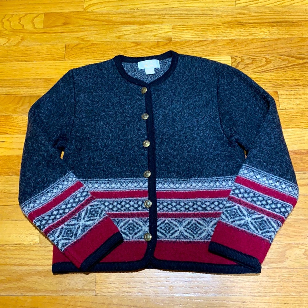 Wool 100% Cardigan Sweater Size PS color black, red, cream